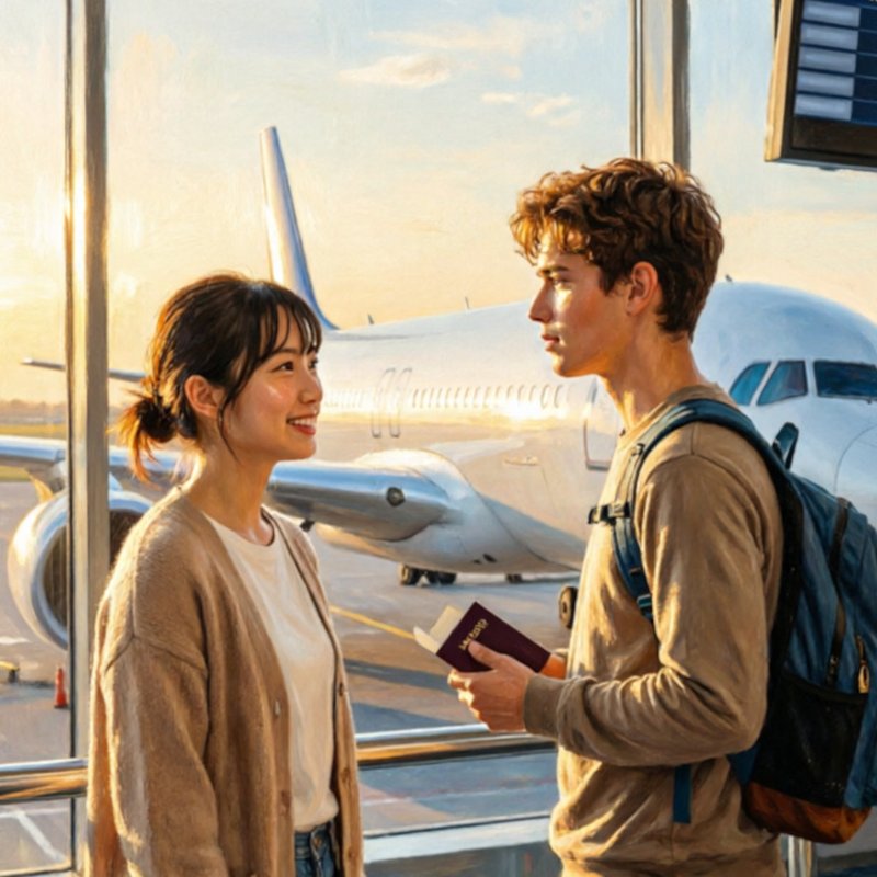 Estudiantes españoles y japoneses viajando en avión entre España y Japón para un intercambio académico