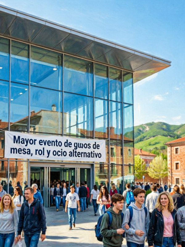 Exterior del Polideportivo Municipal Las Gaunas en Logroño con pancarta del evento Entre Viñas Anda el Juego