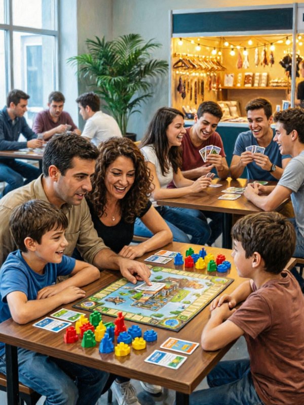 Interior del evento con mesas de juegos de mesa y casetas de artesanía en Logroño