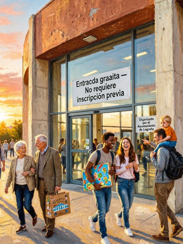 Familias y jóvenes entrando gratuitamente al evento de juegos de mesa en Logroño