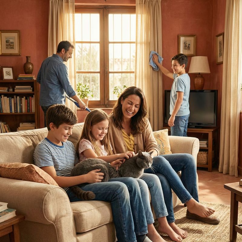 Familia española con gato en el salón