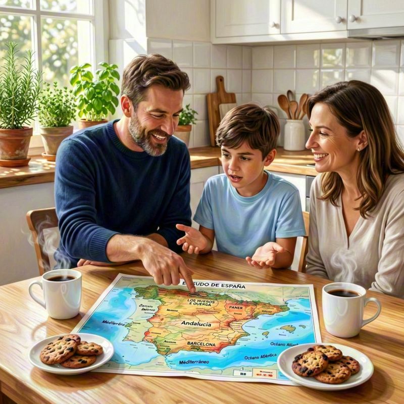 Familia planeando vacaciones con mapa de España