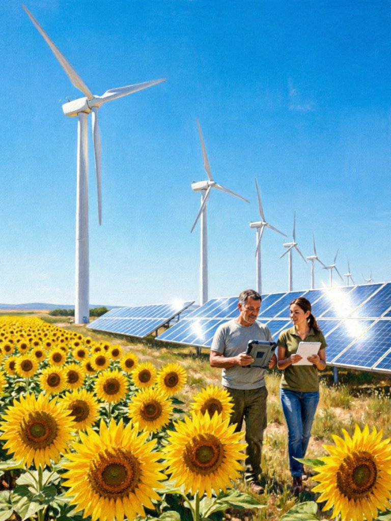 Campo de paneles solares con molinos de viento al fondo