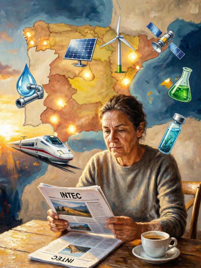 Collage con bandera de España y símbolos de innovación tecnológica